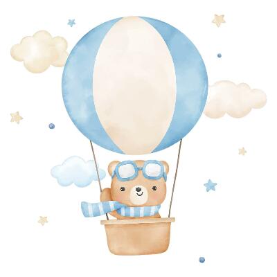Autocolant perete 80x122 Mic ursuleț de pluș într-un balon în nori acuarelă pastel