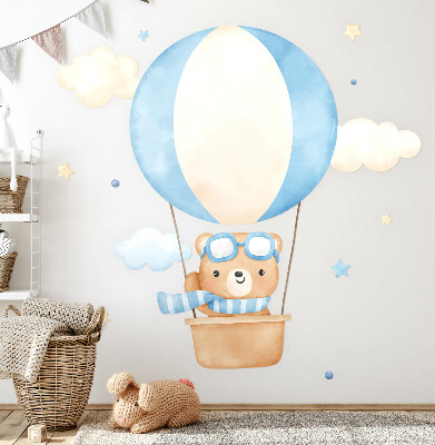 Autocolant perete 80x122 Mic ursuleț de pluș într-un balon în nori acuarelă pastel