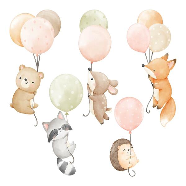 Autocolant pentru perete 80x124 Animale adorabile care plutesc în baloane de acuarelă