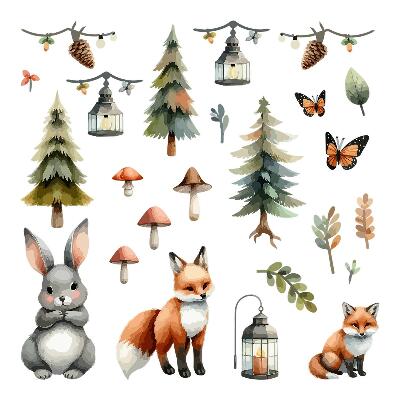 Autocolant perete 80x86 Animale și plante în acuarelă boho pastel