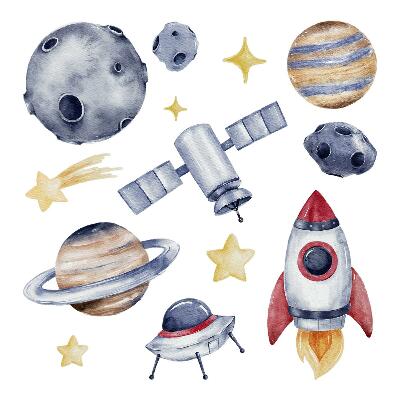 Autocolant pentru perete 80x117 Spațiu pastel cu planete și rachetă