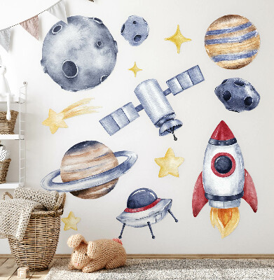 Autocolant pentru perete 80x117 Spațiu pastel cu planete și rachetă