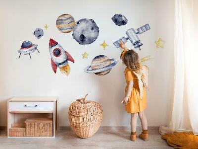 Autocolant pentru perete 80x117 Spațiu pastel cu planete și rachetă