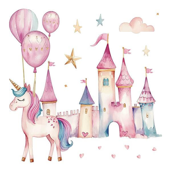 Autocolant pentru perete 80x110 Castel unicorn în stil acuarelă pastel