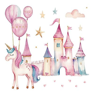 Autocolant pentru perete 80x110 Castel unicorn în stil acuarelă pastel