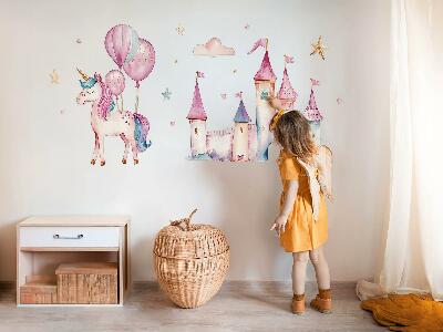 Autocolant pentru perete 80x110 Castel unicorn în stil acuarelă pastel