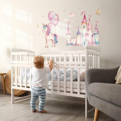 Autocolant pentru perete 80x110 Castel unicorn în stil acuarelă pastel