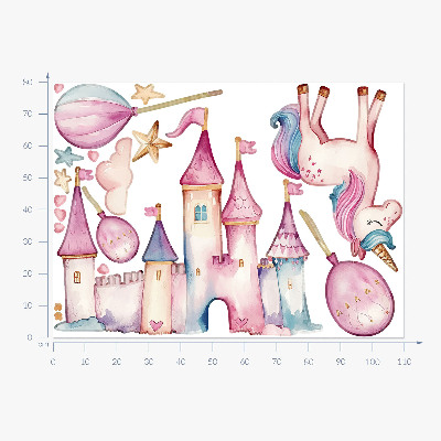 Autocolant pentru perete 80x110 Castel unicorn în stil acuarelă pastel