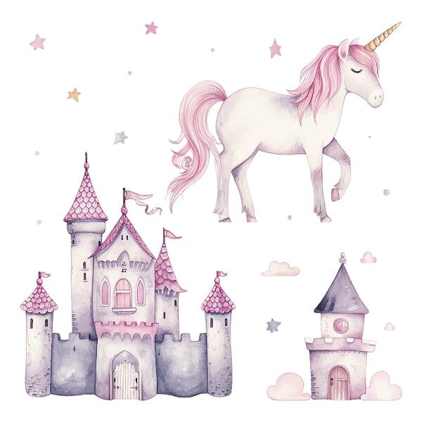 Autocolant perete 80x131 Acuarelă pastel cu un unicorn și un castel