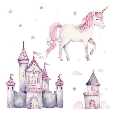 Autocolant perete 80x131 Acuarelă pastel cu un unicorn și un castel