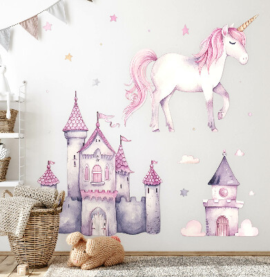 Autocolant perete 80x131 Acuarelă pastel cu un unicorn și un castel