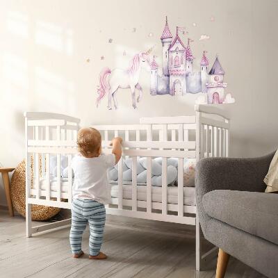Autocolant perete 80x131 Acuarelă pastel cu un unicorn și un castel