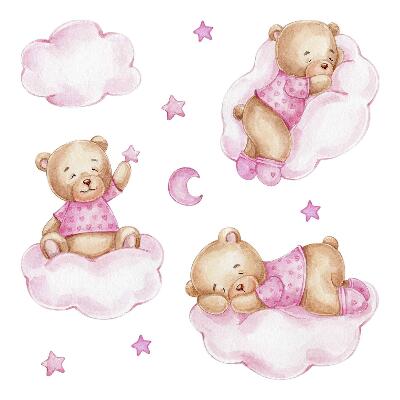 Autocolant pentru perete 80x116 Ursuleți dulci de pluș pe nori în pasteluri acuarele