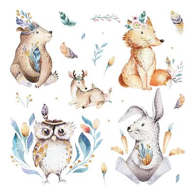 Autocolant pentru perete 80x96 Animale din pădure în pasteluri în stil boho