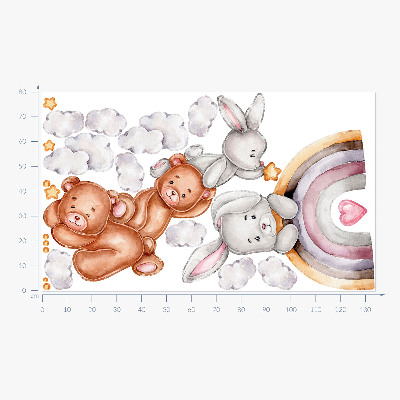 Autocolant de perete 80x134 Ursuleți de pluș și iepurași pastel în acuarelă