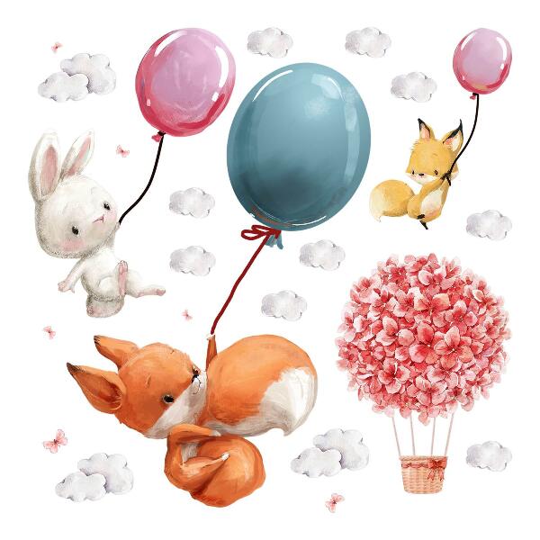 Autocolant perete 80x102 Animale drăguțe cu baloane pe cerul pastelat