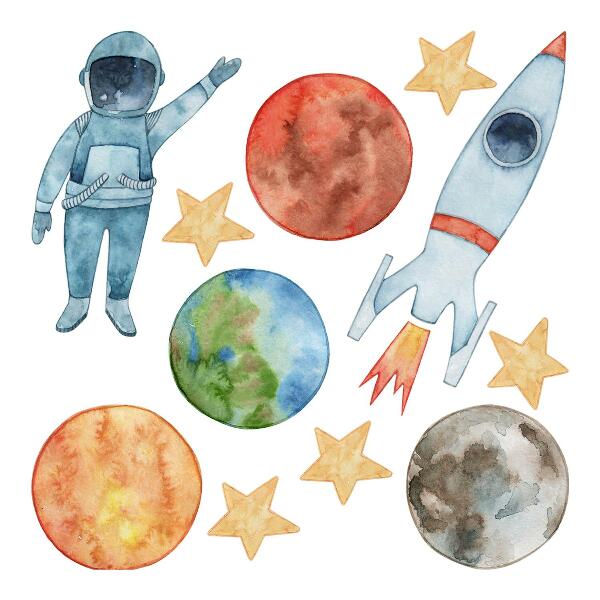 Autocolant de perete 80x143 Planete spațiale cu astronaut și rachetă acuarelă