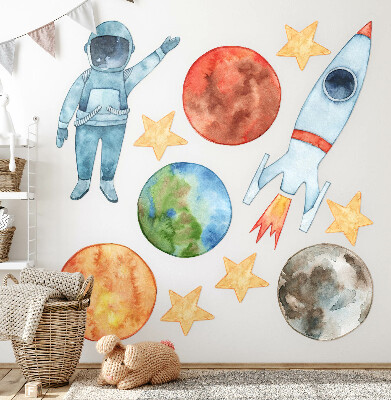 Autocolant de perete 80x143 Planete spațiale cu astronaut și rachetă acuarelă