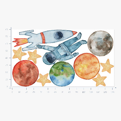 Autocolant de perete 80x143 Planete spațiale cu astronaut și rachetă acuarelă