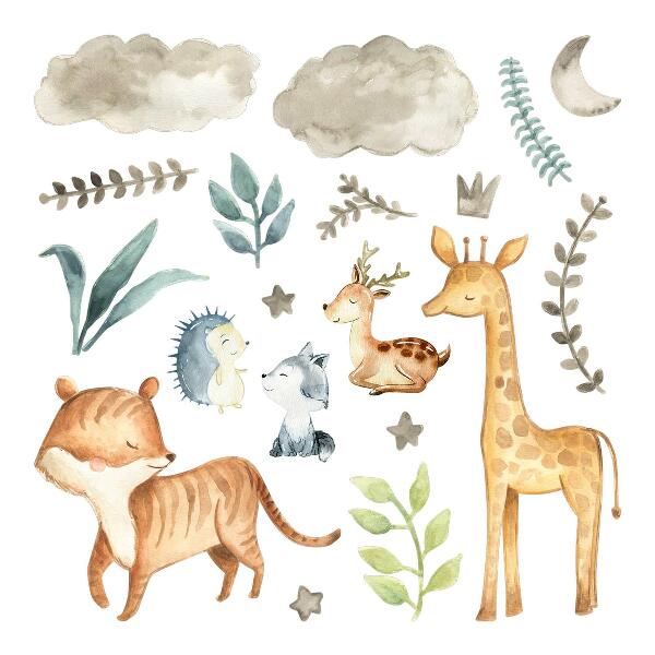 Autocolant de perete 80x134 Animale și plante într-un stil delicat de acuarelă pastel
