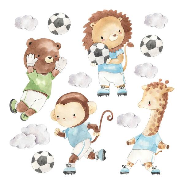 Autocolant pentru perete 80x116 Animale sportive cu minge în stil acuarelă