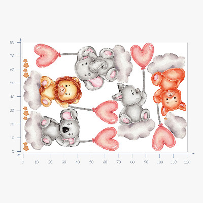 Autocolant de perete 80x120 Animale drăguțe pe nori cu baloane pastelate