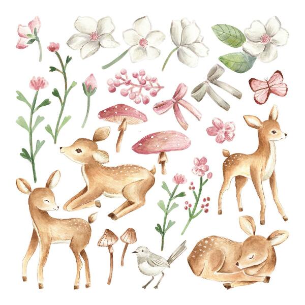 Autocolant de perete 80x118 Animale din pădure în acuarelă pastelată cu modele de căprioare