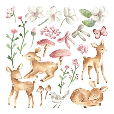 Autocolant de perete 80x118 Animale din pădure în acuarelă pastelată cu modele de căprioare