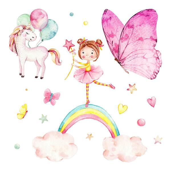Autocolant pentru perete 80x105 Unicorn pastel cu baloane pe un curcubeu