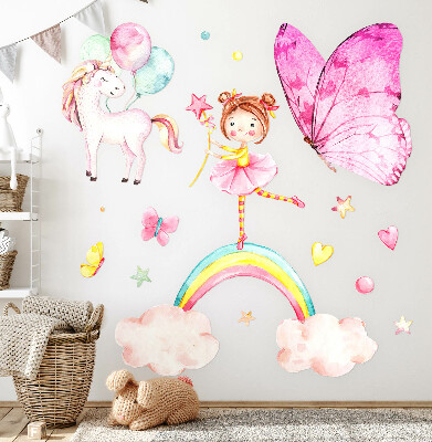 Autocolant pentru perete 80x105 Unicorn pastel cu baloane pe un curcubeu