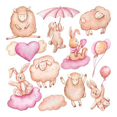 Autocolant pentru perete 80x128 Nori pastel cu oi și iepuri