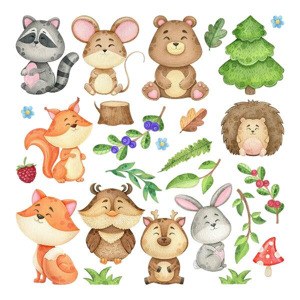 Autocolant de perete 80x86 Animale și plante din pădure în stil acuarelă