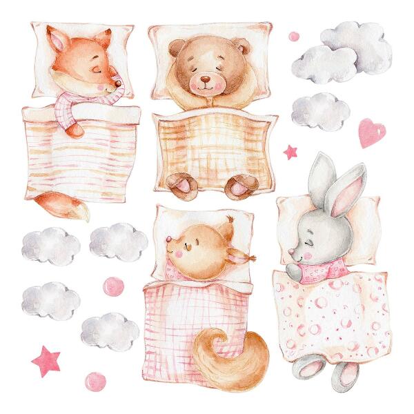 Autocolant pentru perete 80x108 Animale adorabile în stil acuarelă pastel