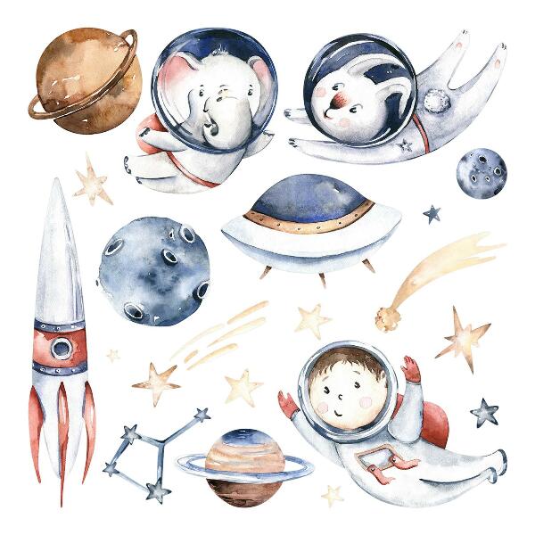 Autocolant pentru perete 80x137 Mici astronauți în spațiu pastel