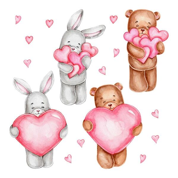 Autocolant de perete 80x134 Acuarelă pastel cu boluri și iepuri în inimioare