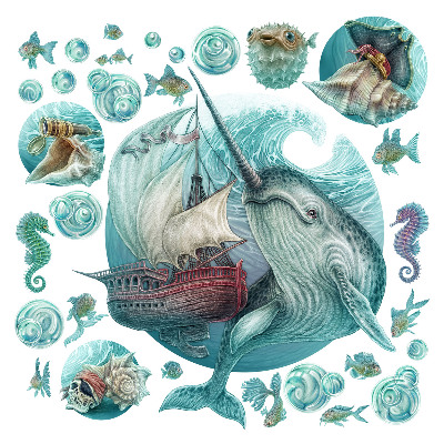 Autocolant perete 80x82 O lume de mare de basm cu animale din desene animate