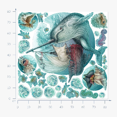 Autocolant perete 80x82 O lume de mare de basm cu animale din desene animate