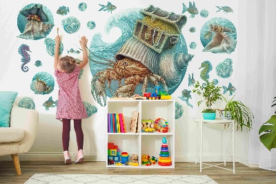 Autocolant perete 80x84 Pământuri subacvatice de crabi în stil pastel