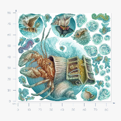 Autocolant perete 80x84 Pământuri subacvatice de crabi în stil pastel