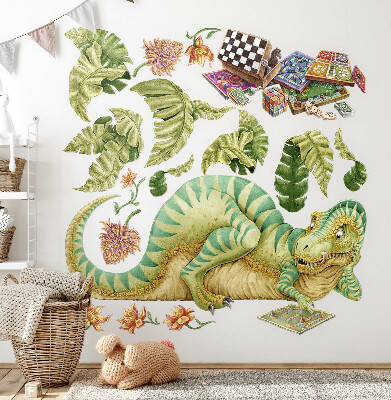 Autocolant perete 80x103 Model de dinozaur cu frunze și flori în pasteluri