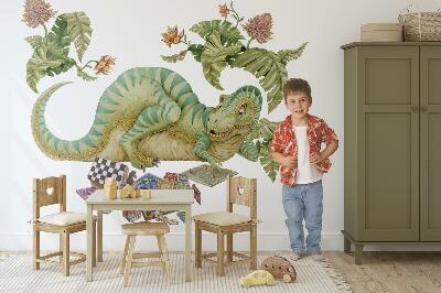 Autocolant perete 80x103 Model de dinozaur cu frunze și flori în pasteluri