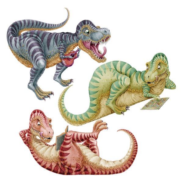Autocolant pentru perete 80x121 Dinozauri colorați într-un stil pastel de desene animate