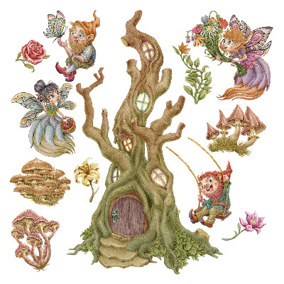 Autocolant de perete 80x83 Creaturi din pădure și o casă în copac pastel