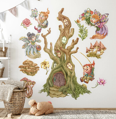 Autocolant de perete 80x83 Creaturi din pădure și o casă în copac pastel
