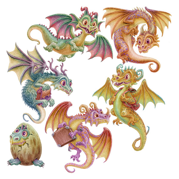 Autocolant pentru perete 80x68 Dragoni colorați într-un stil de desene animate de poveste
