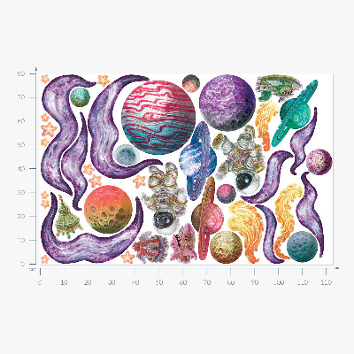 Autocolant de perete 80x123 Aventuri spațiale de rachete și planete în pasteluri