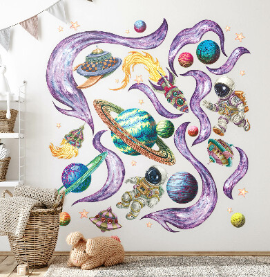Autocolant pentru perete 80x138 Rachete astronauților pe fundalul planetelor în pasteluri