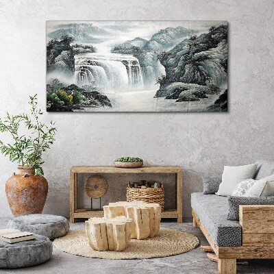Tablou canvas Tufișuri de cascadă de râu de munte