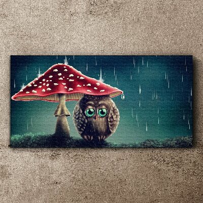 Tablou canvas O bufniță sub o ciupercă în ploaie