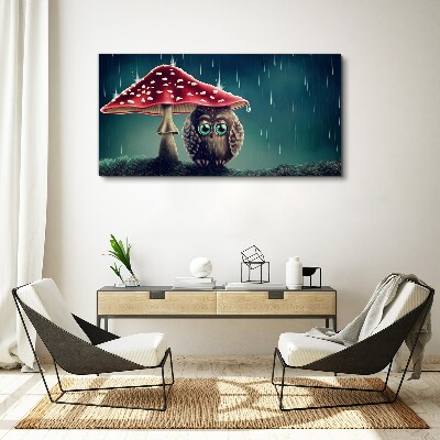 Tablou canvas O bufniță sub o ciupercă în ploaie